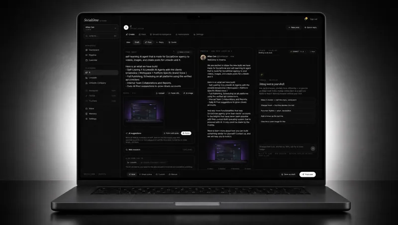 The SocialGrow software — drafting, scheduling and publishing for LinkedIn & X